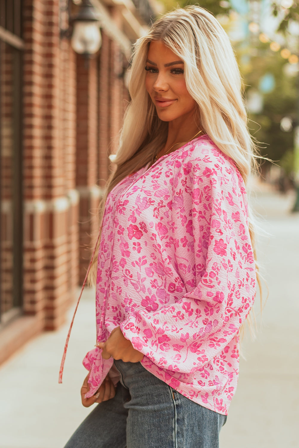 Pink Floral Puff Sleeve Split Neck Lightweight Blouse - eAura