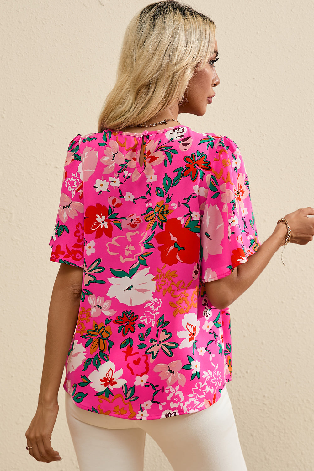 Pink Floral Short Sleeve Smocked Blouse BB Fashion Outlet