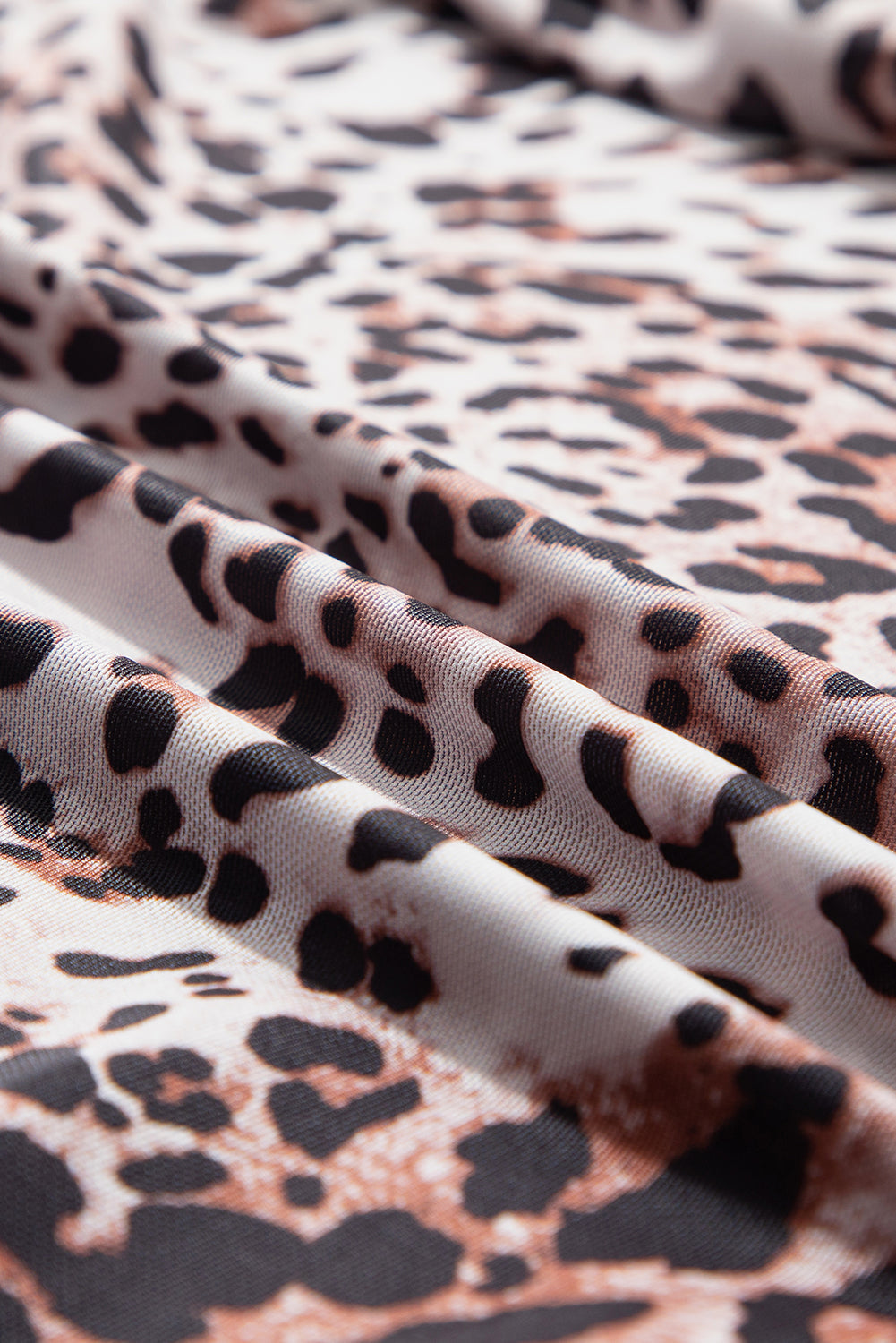 Brown Leopard Smocked Neck Mesh Long Sleeve Bodysuit eAura