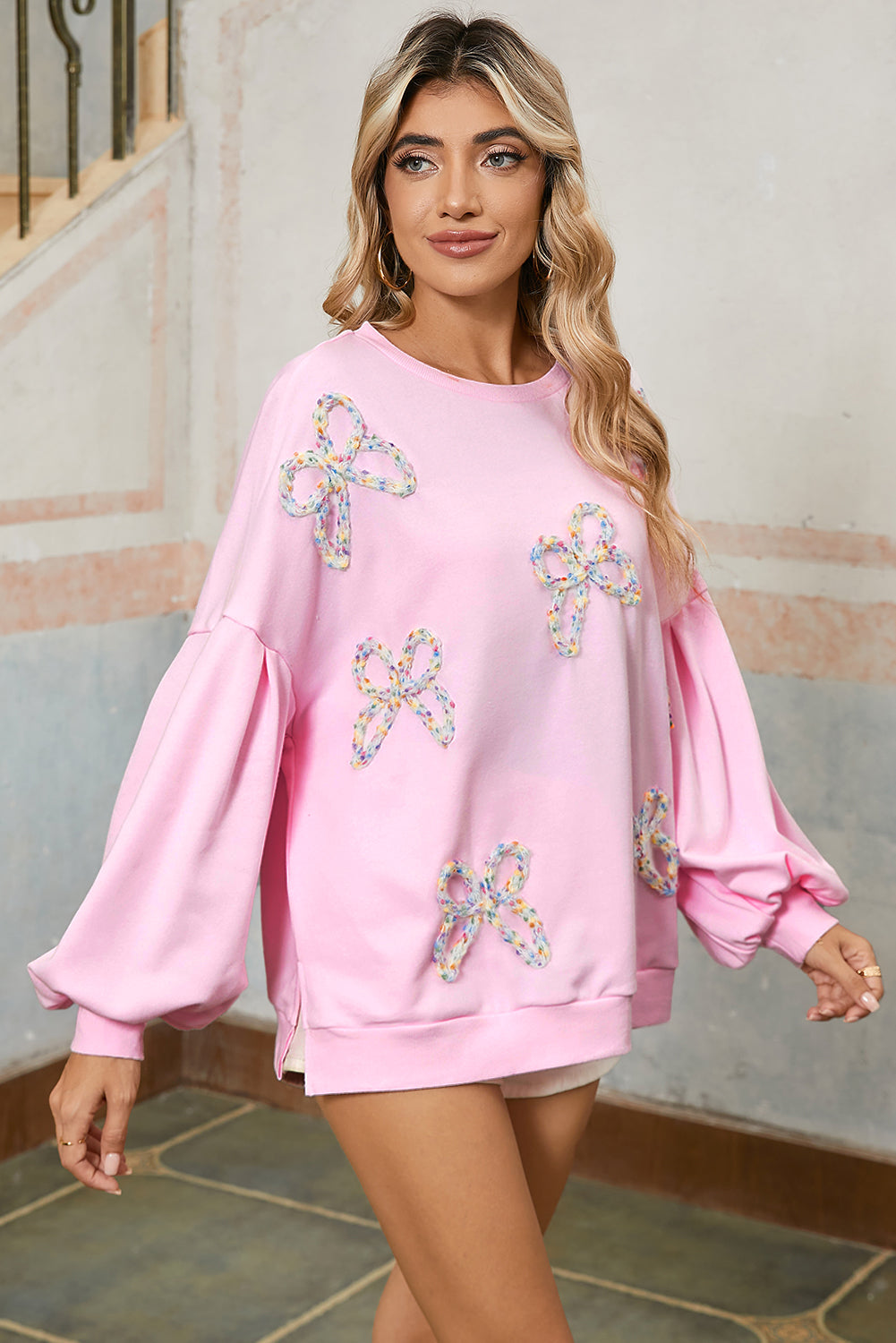 Bow Lantern Sleeve Oversized Pullover Sweatshirt