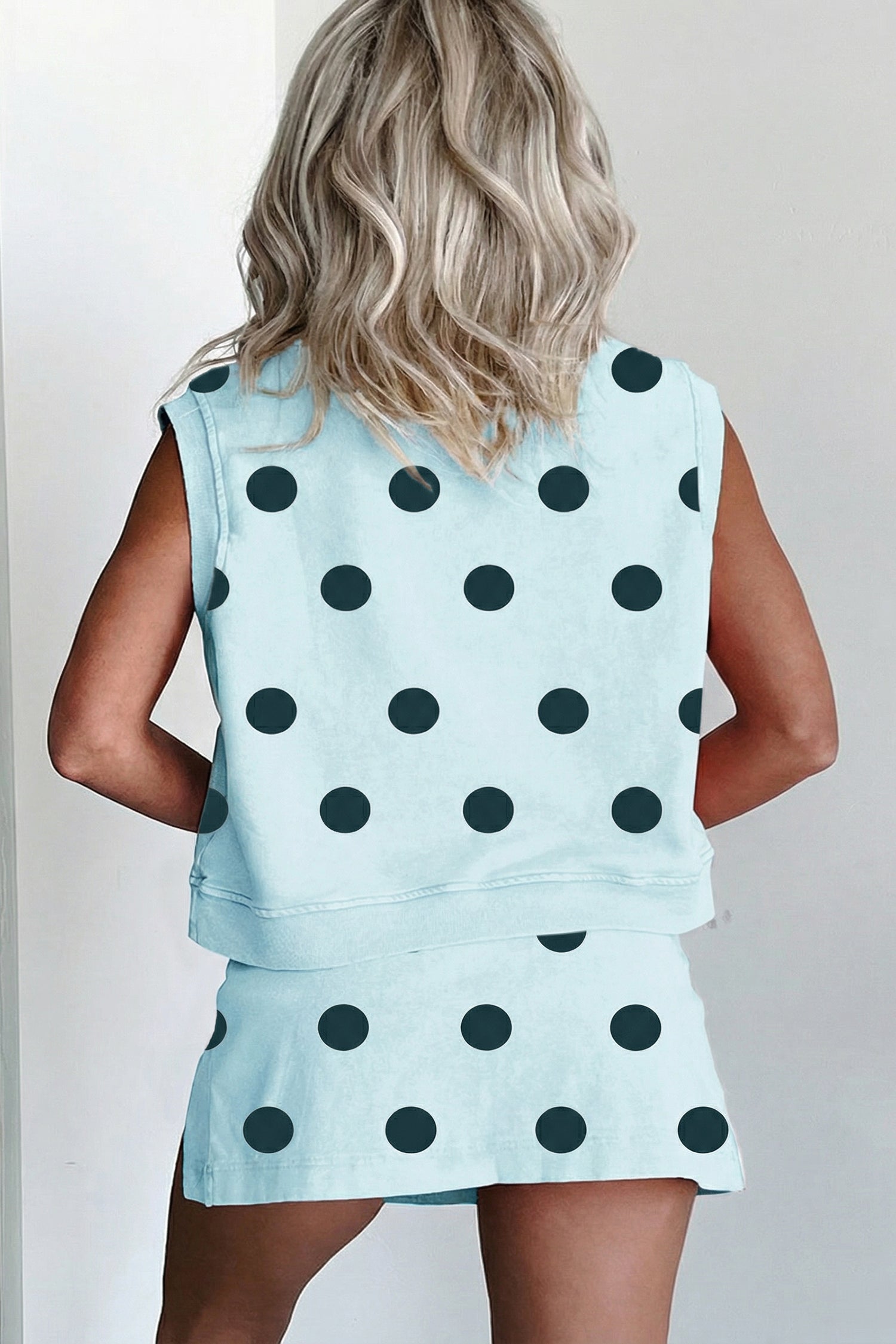 Ribbed Trim Polka Dot Print Tank Split Mini Skort Co-ord Set
