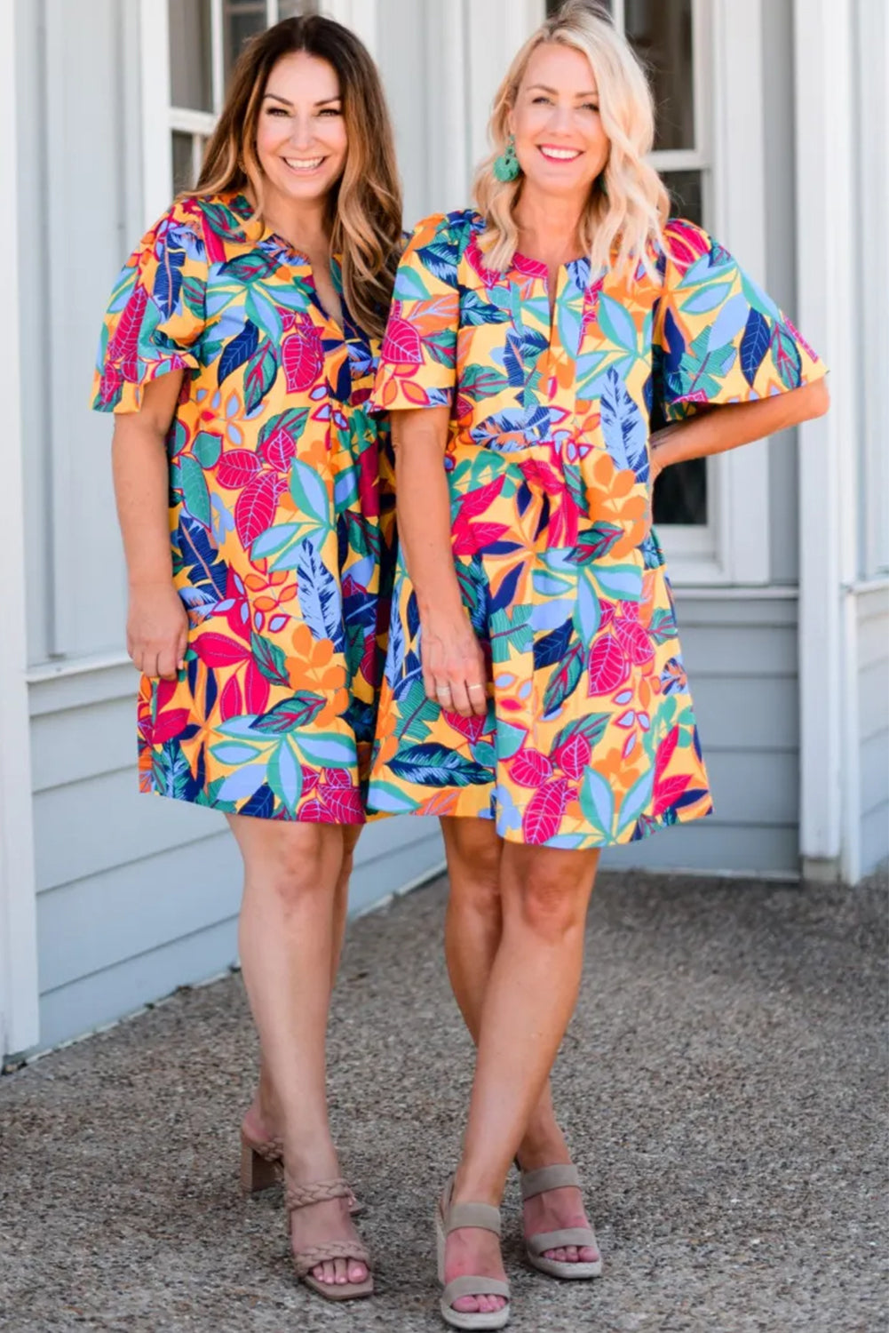 Multicolour Plus Size Leafy Print Split Neck Short Sleeve Shift Dress BB Fashion Outlet