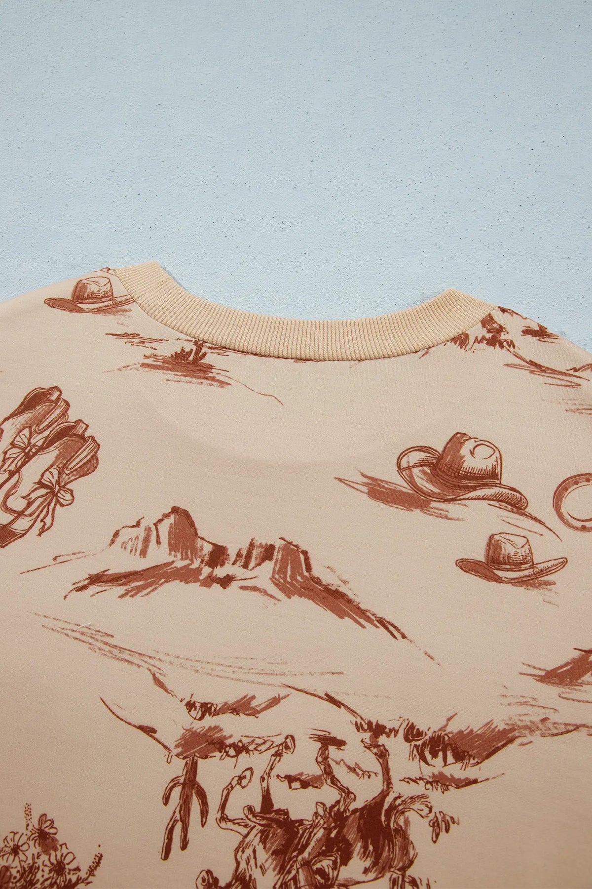 Western Print Loose Fit Long Sleeve Top Short Set – Beige