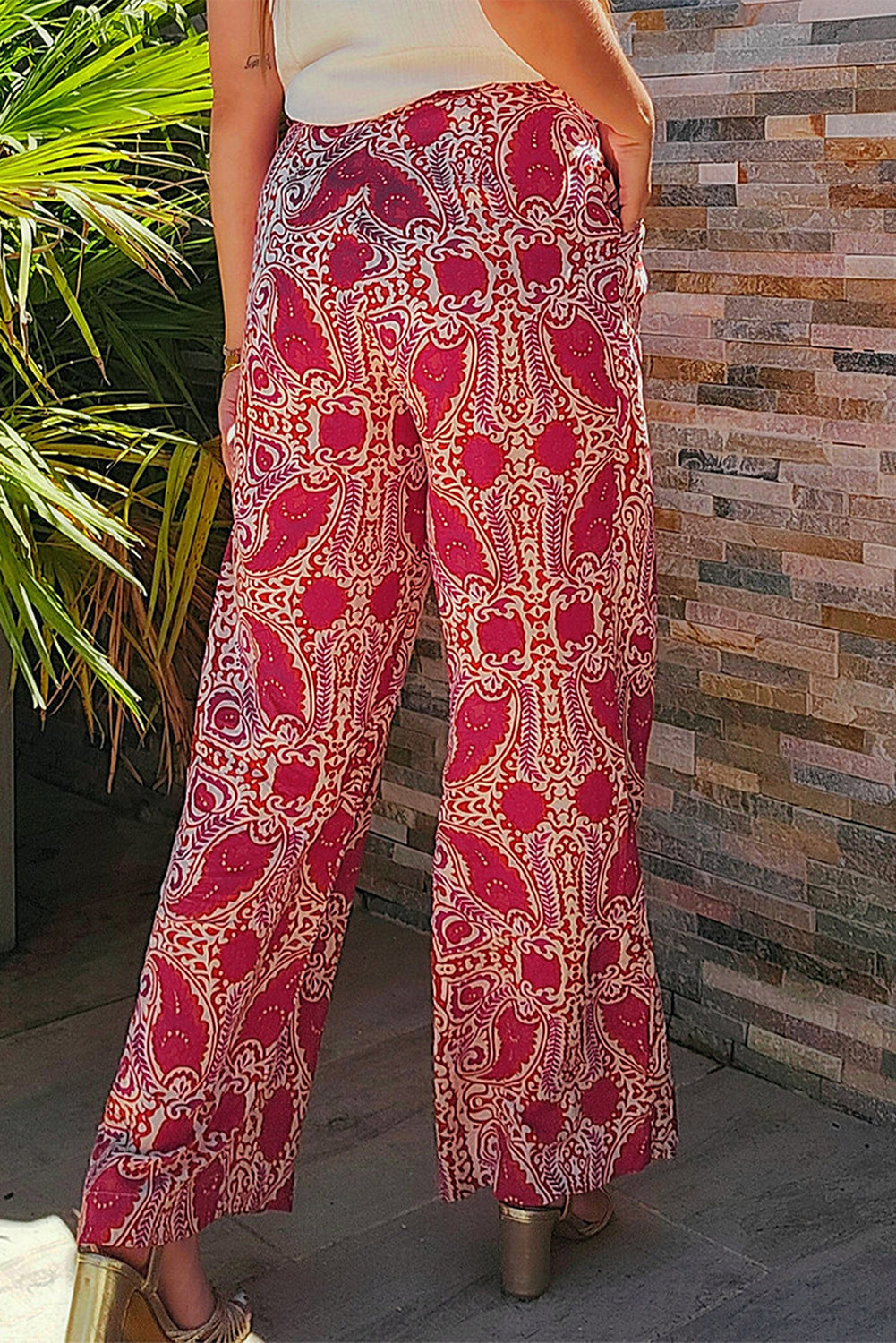 Red Paisley Printed Buttoned High Waist Straight Leg Trousers eAura