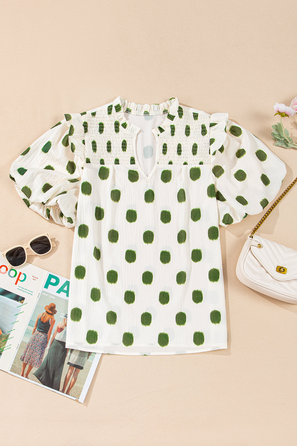 Apricot Polka Dot Print Shirred Yoke Notched Neck Balloon Sleeve Blouse eAura