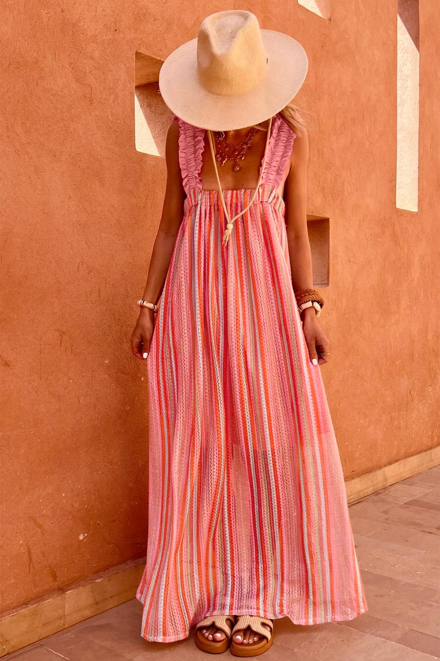 Stripe Ruffled Straps Ribbon Knot Flowy Holiday Maxi Dress