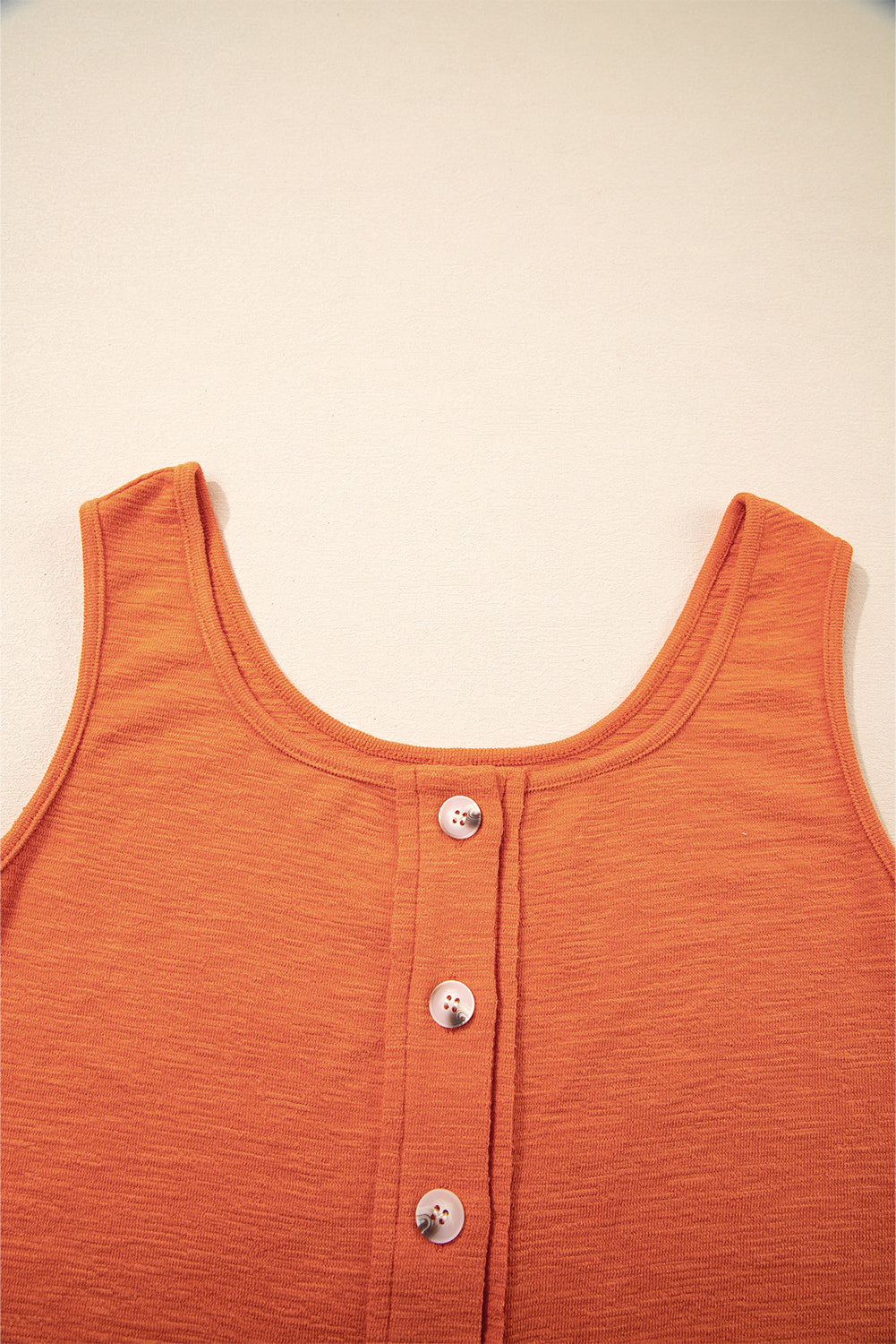 Grapefruit Orange U Neck Button Front Sleeveless Romper eAura