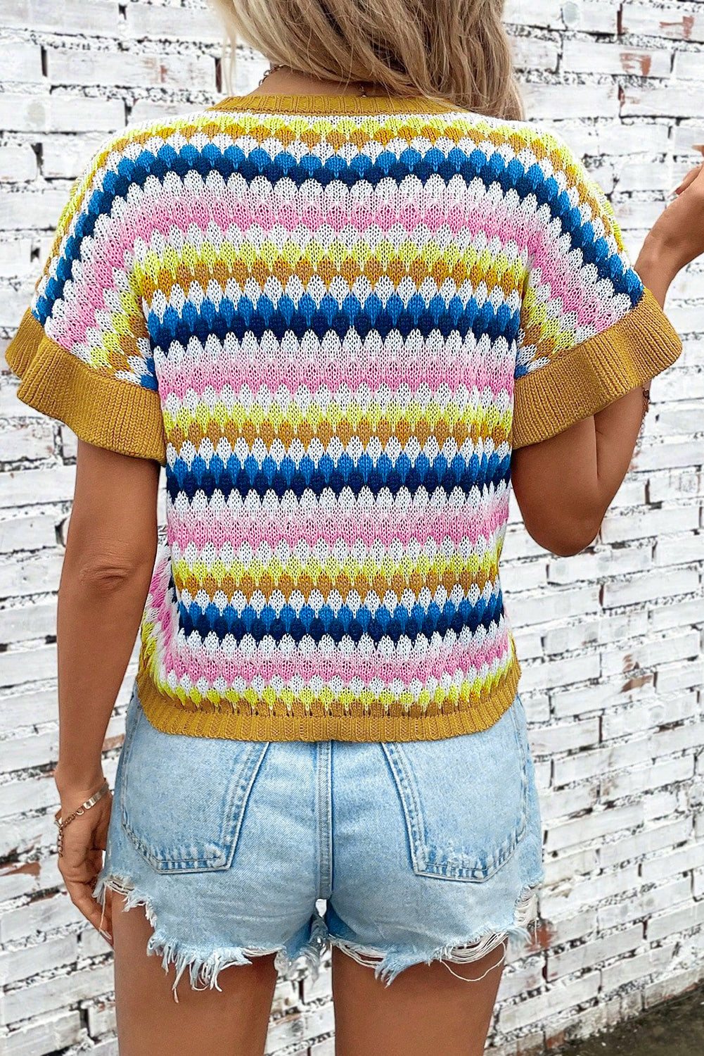 Khaki Trimmed Ruffle Sleeve Colourful Textured Sweater eAura