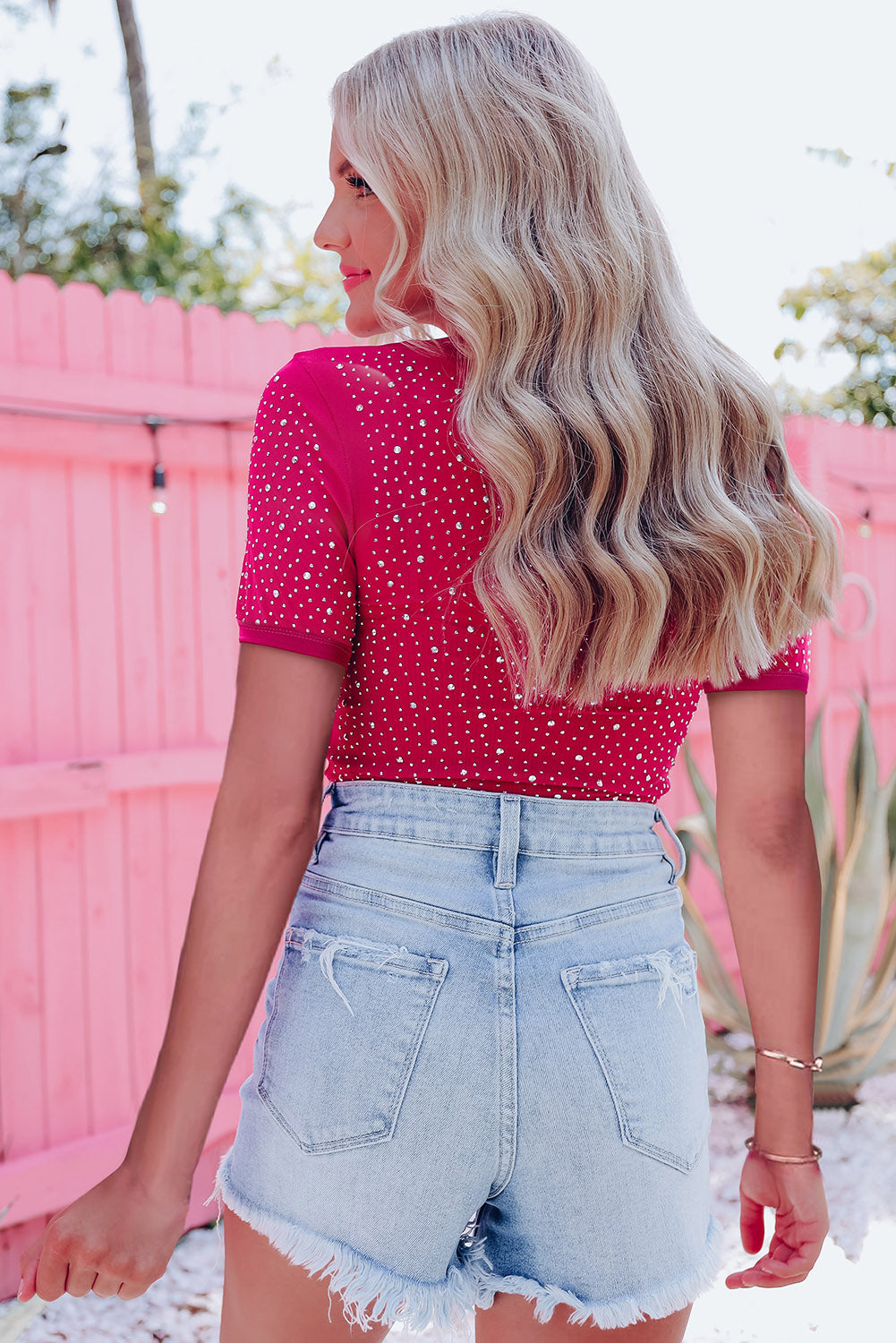 Rose Rhinestone Allover Round Neck Short Sleeve Bodysuit BB Fashion Outlet