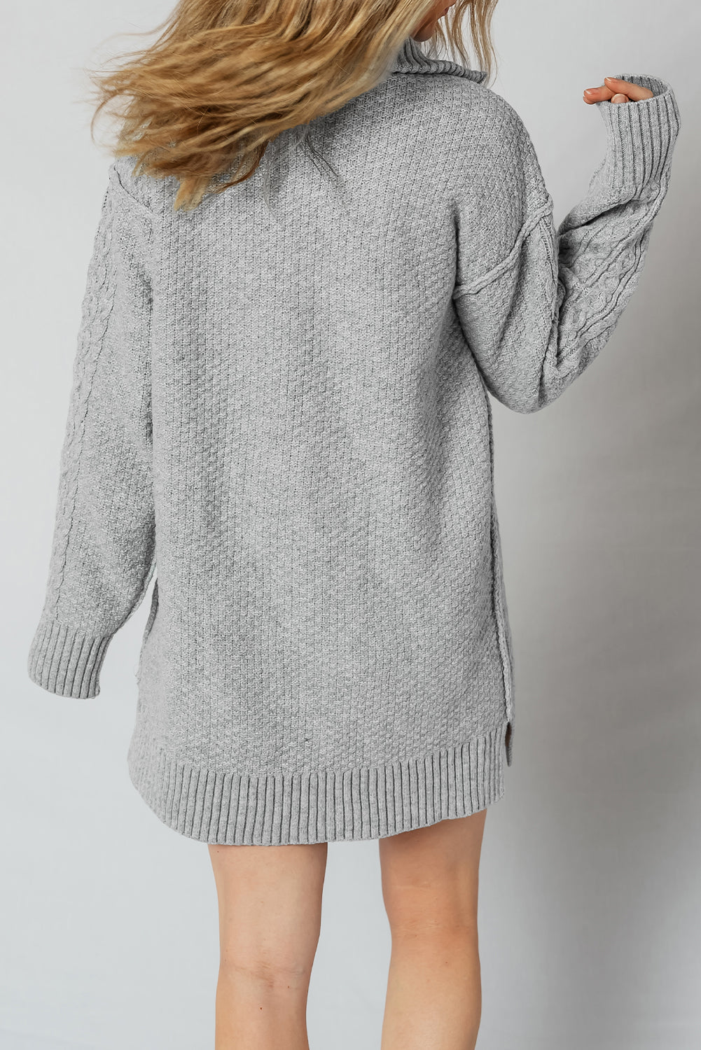 Cable Knit Quarter Zip Ribbed Trim Loose Sweater Dress - eAura
