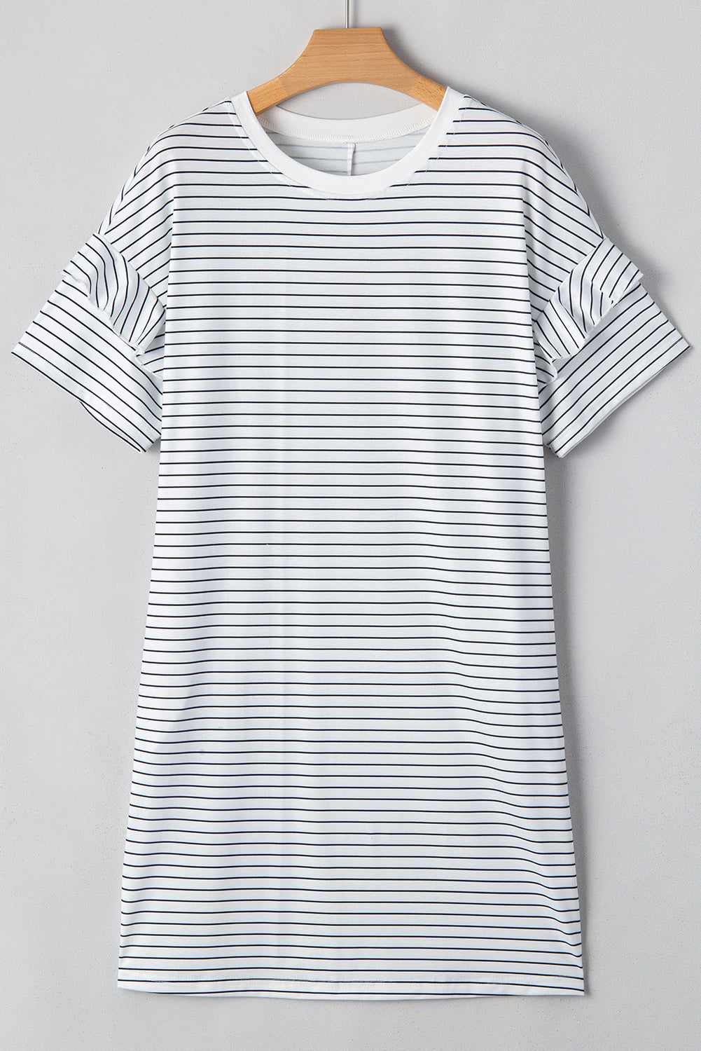 White Stripe Ruffled Short Sleeve Crew Neck T Shirt Shift Mini Dress eAura