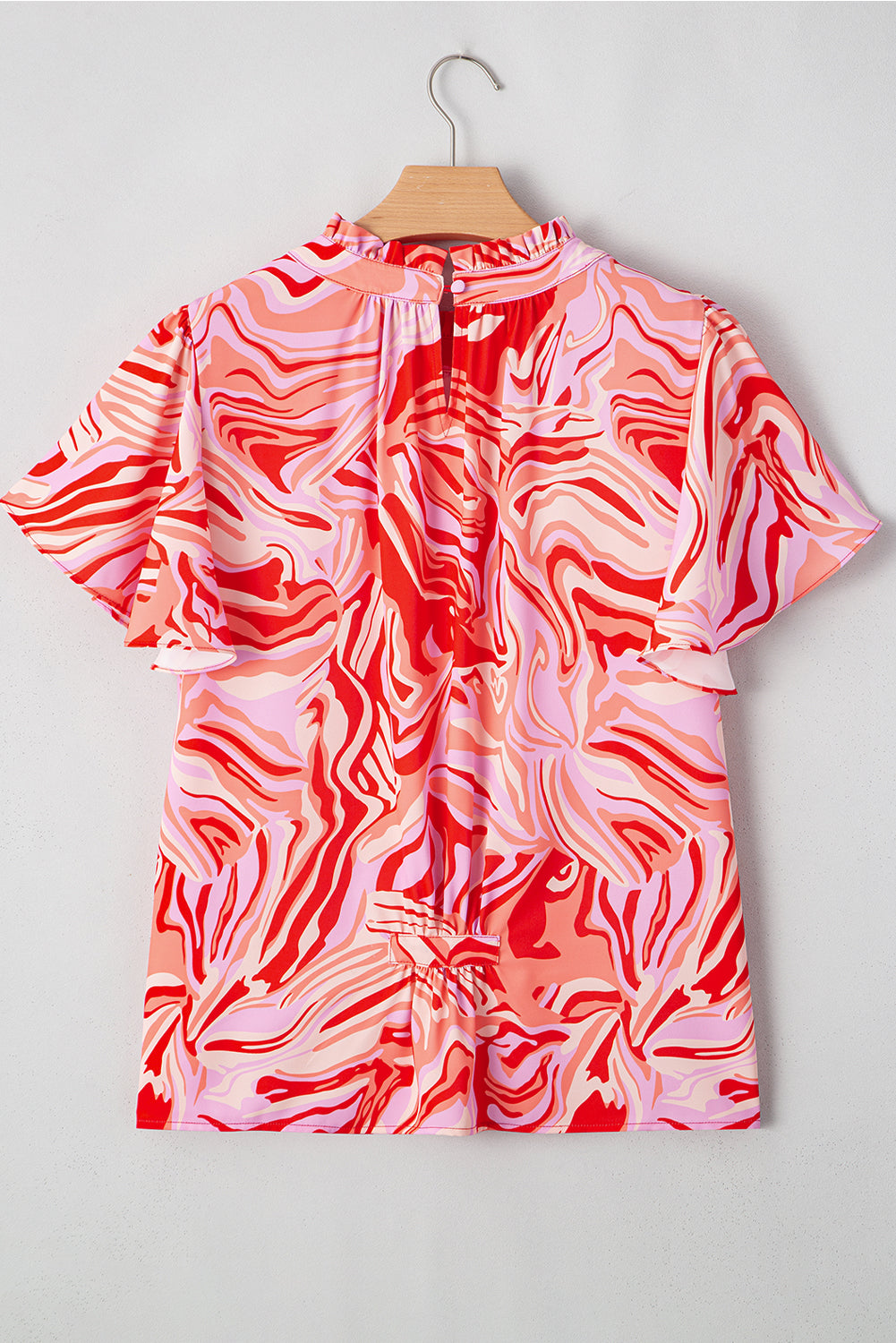 Red Abstract Print Ruffled Short Sleeve Mock Neck Blouse eAura