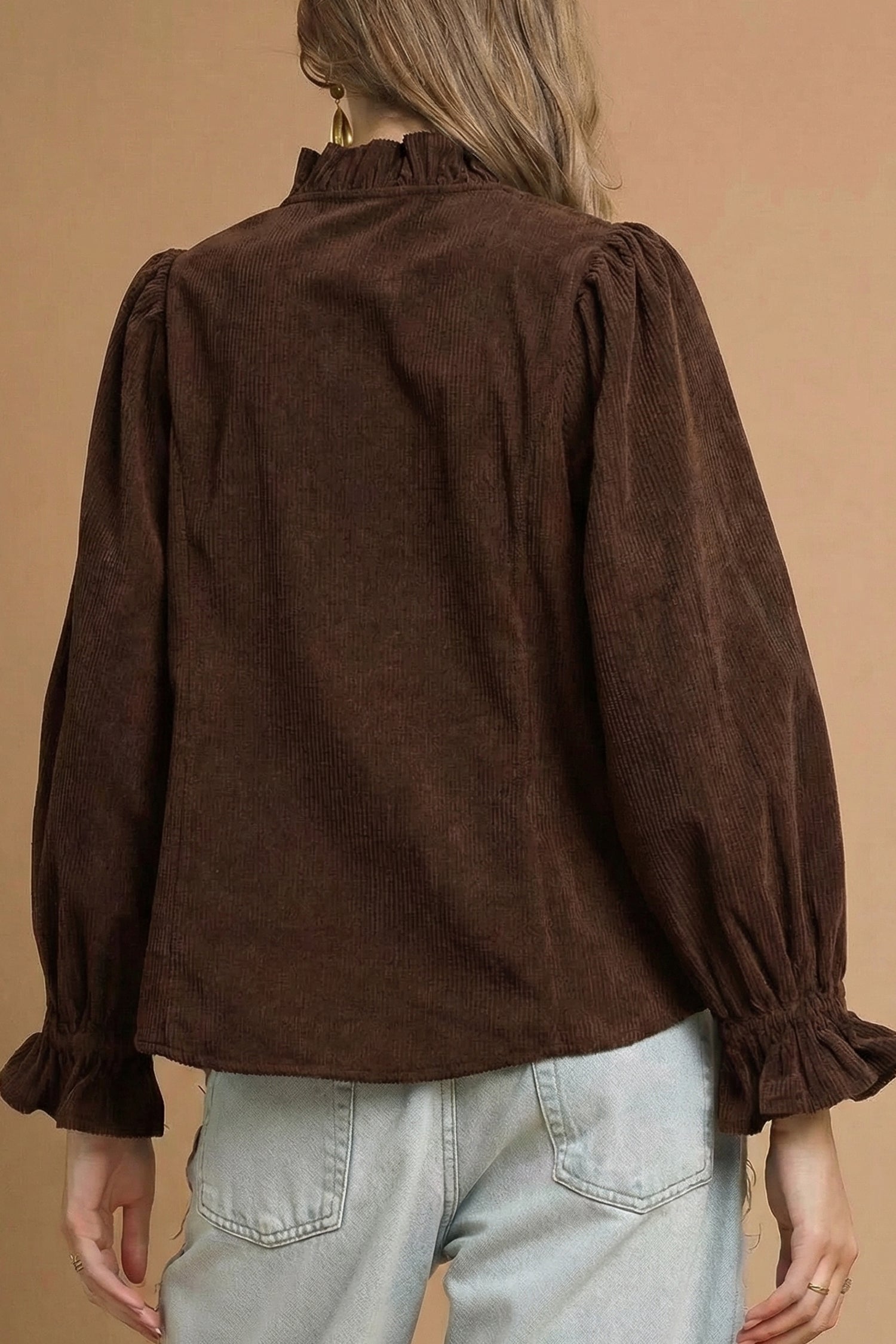 Coffee Solid Color Ruffle Trim V Neck Long Sleeve Button Corduroy Shakcet – Brown