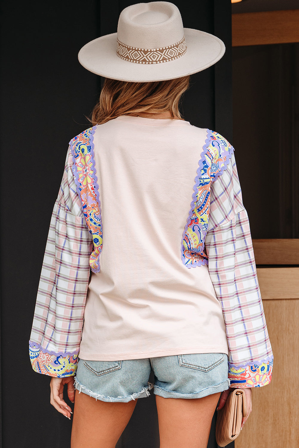 Ricrac Trim Floral Plaid Patchwork Puff Sleeve Blouse - eAura