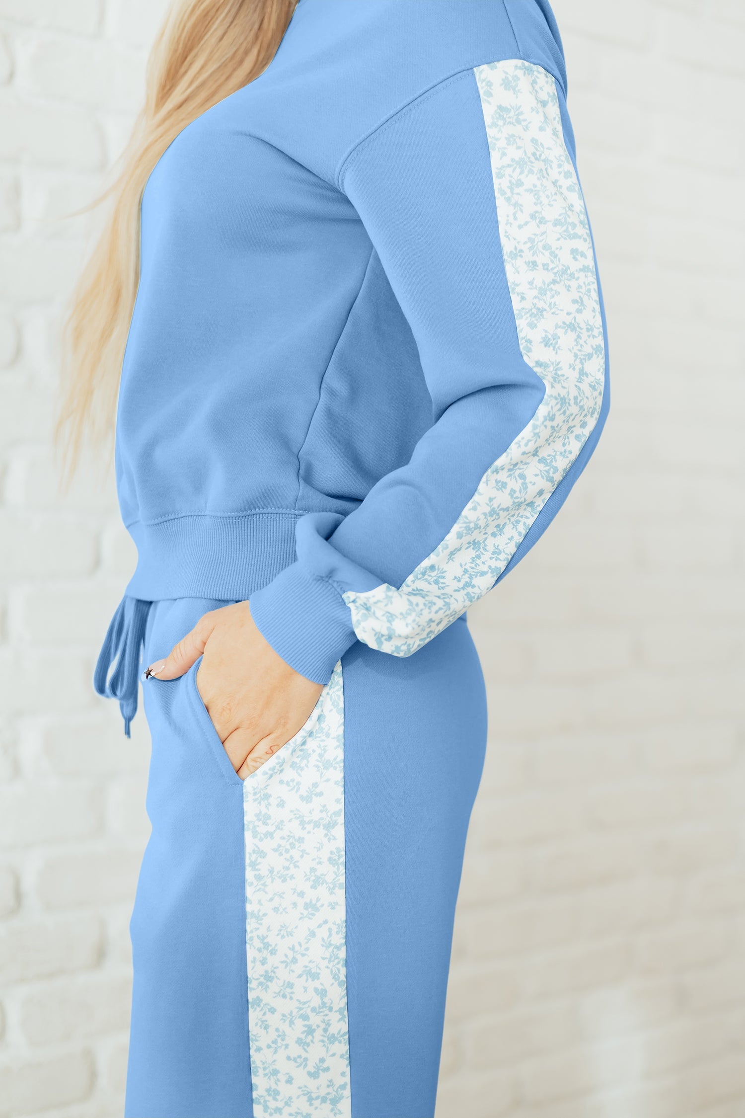 Floral Patchwork Drop Shoulder Pullover and Sweatpants Lounge Set - eAura