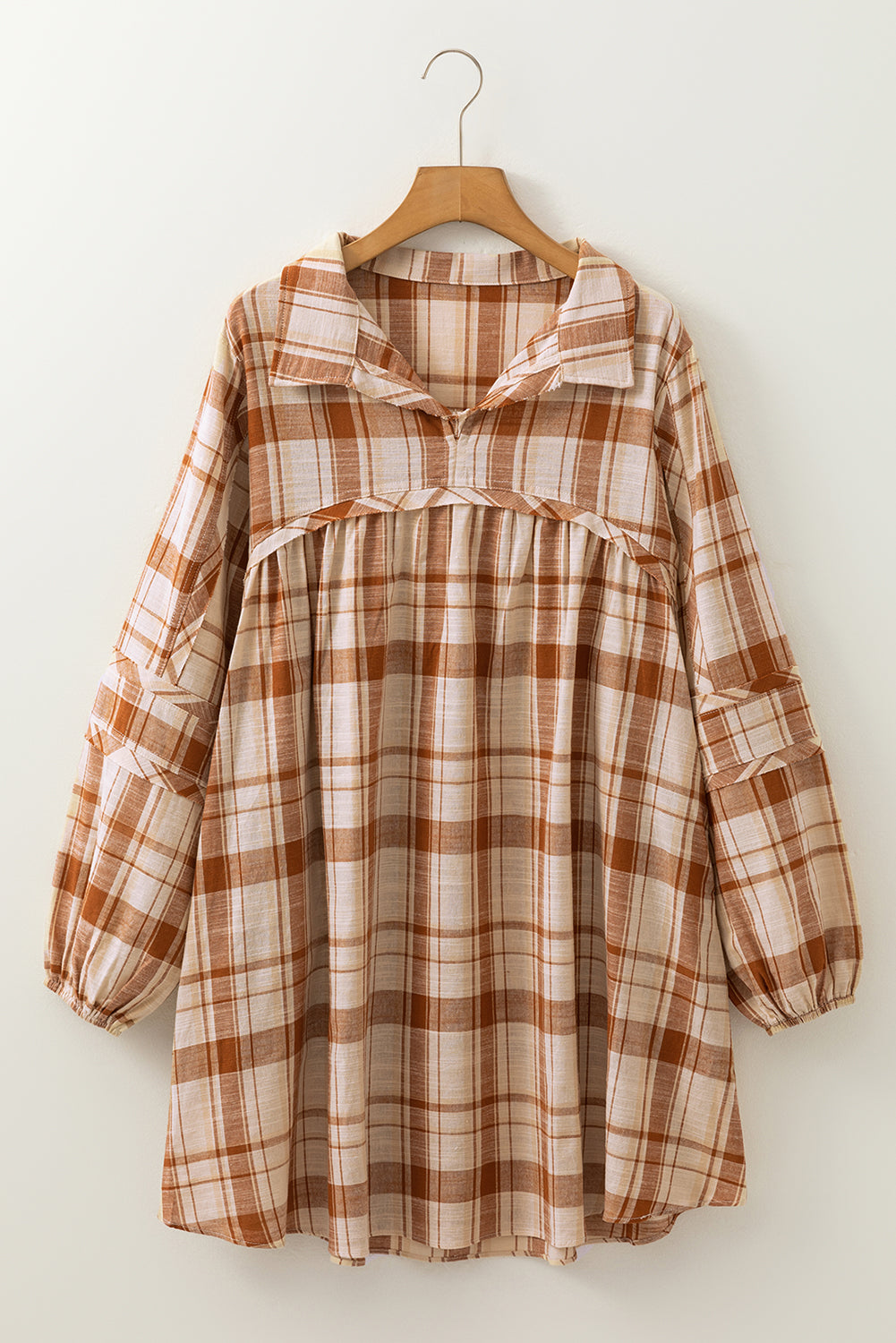 Brown Plaid Print Side Pockets Frilled Babydoll Mini Dress BB Fashion Outlet