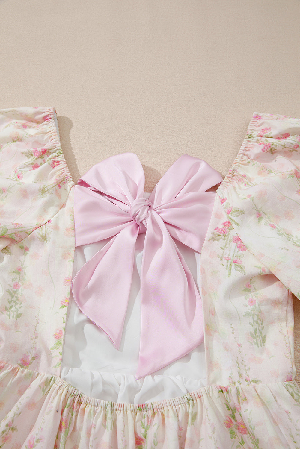 Pink Floral Puff Sleeve Square Neck Knotted Open Back Ruffled Mini Dress eAura