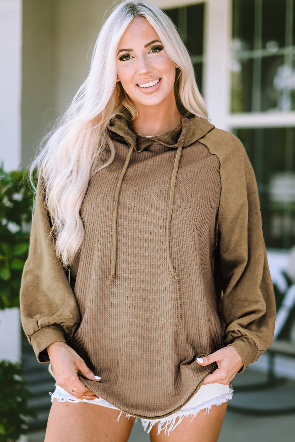 Khaki Waffled Expose Seam Drawstring Hoodie eAura