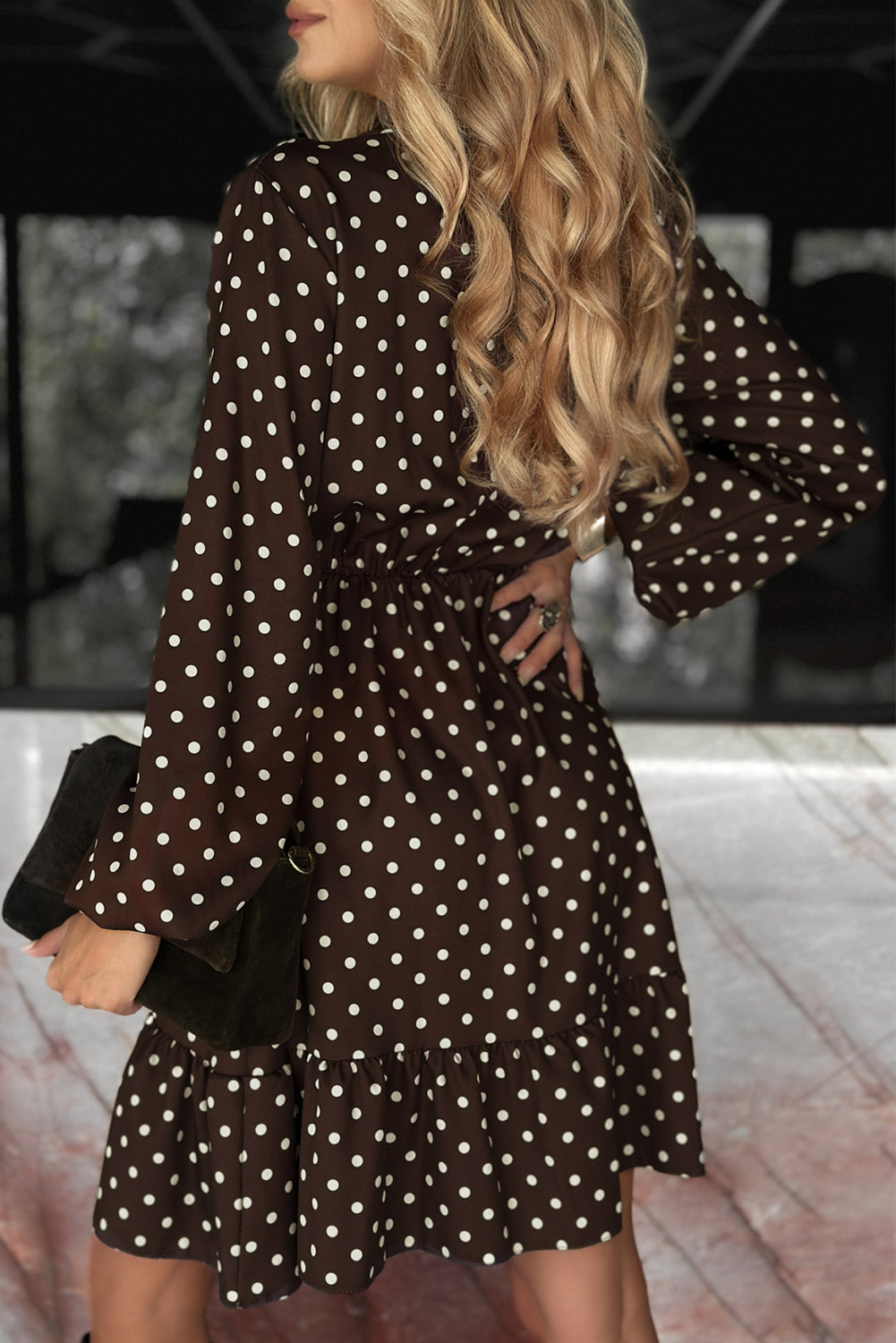 Brown Polka Dot Long Sleeve Wrap V-Neck Ruffle Hem Mini Dress