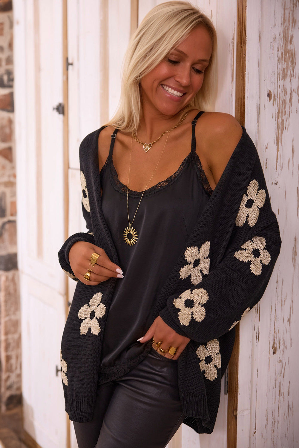 Black Floral Print Knitted Open Front Loose Cardigan eAura