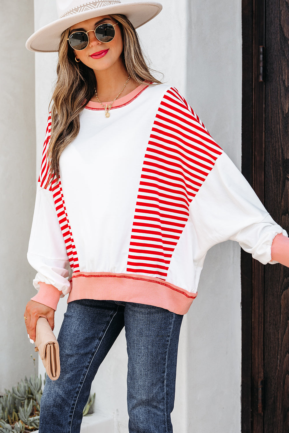 Striped Contrast Stitching Oversized Sweatshirt - eAura