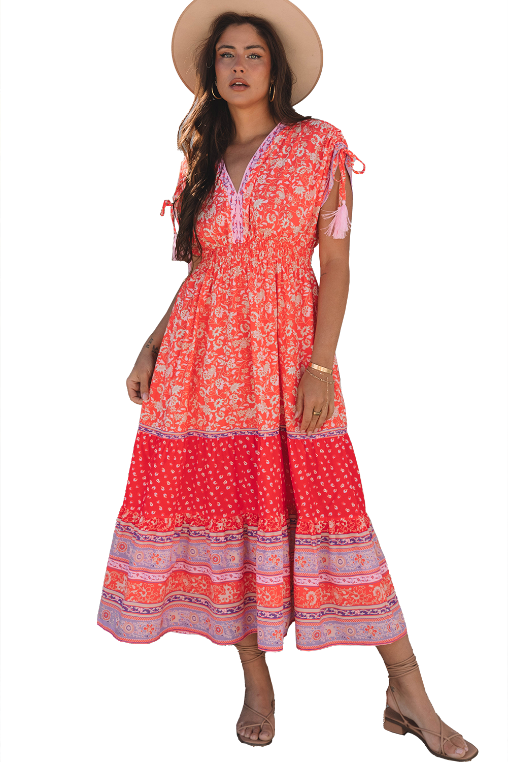 Red Floral Print Tasseled Tied Sleeve Empire Waist Maxi Dress eAura