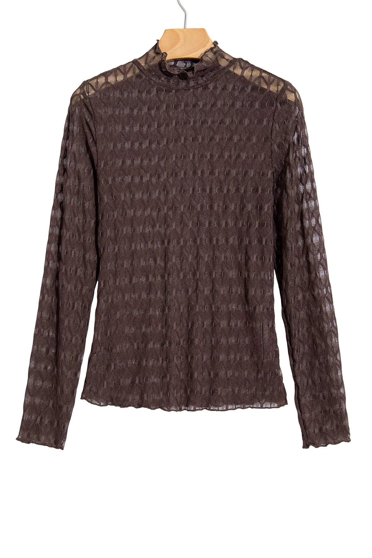 Sheer Textured Lace Stand Neck Long Sleeve Top – Chicory Coffee