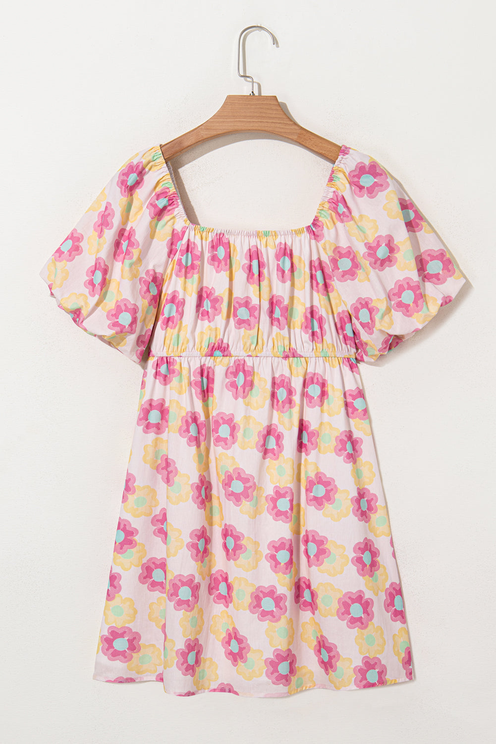 Rose Vibrant Floral Square Neck Puff Sleeve Pleated Flared Midi Dress eAura