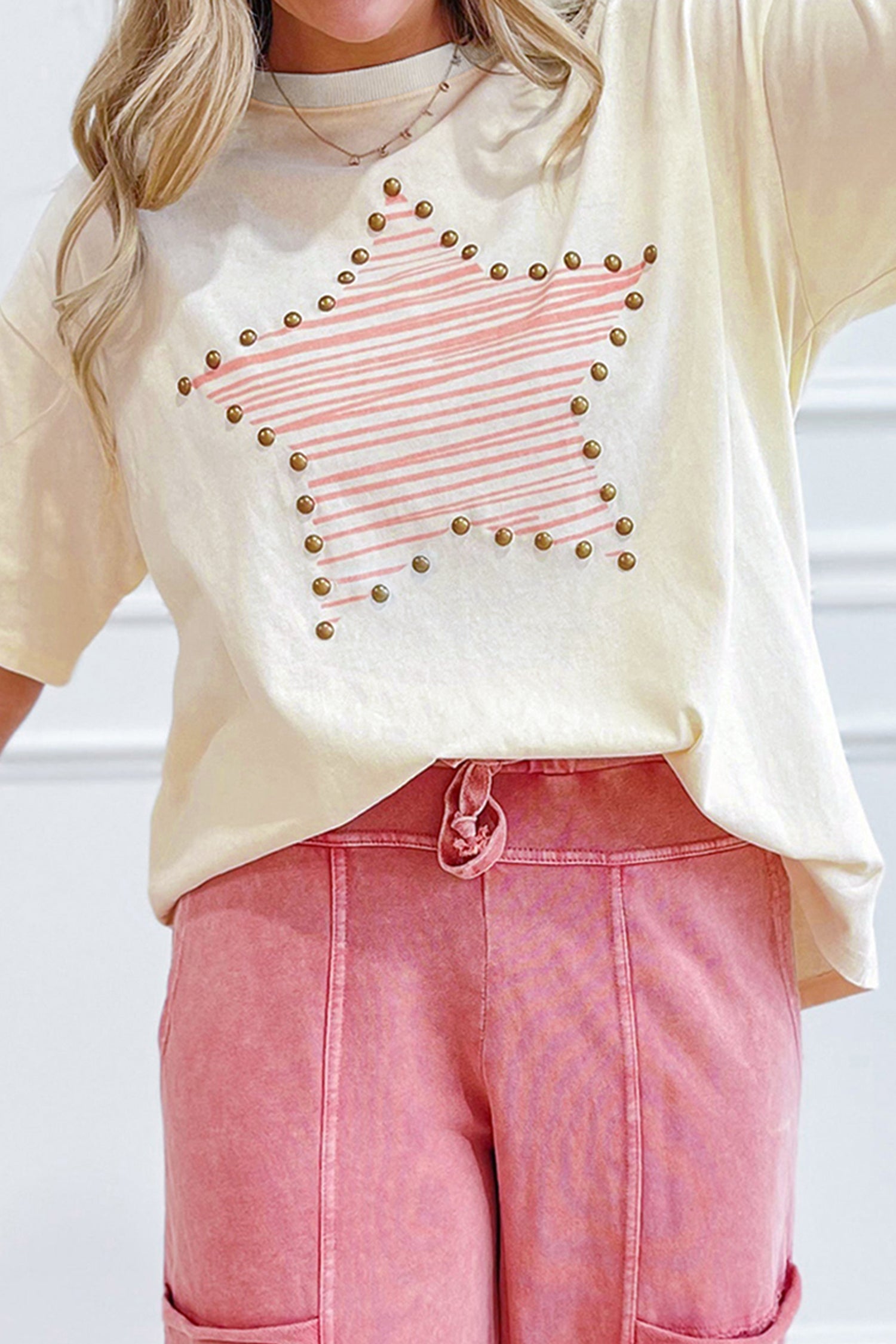 Star Print Stud Detail Cotton Jersey Top – Beige