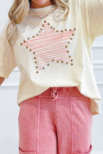 Star Print Stud Detail Cotton Jersey Top – Beige