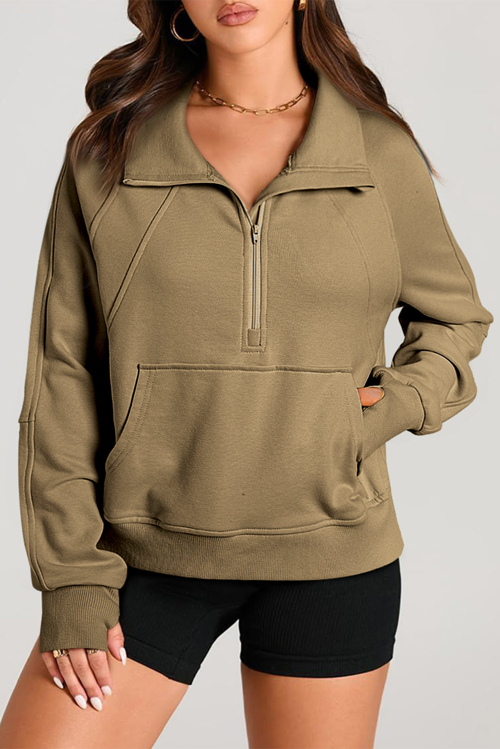 Smoke Green Quarter Zip Stand Neck Kangaroo Pocket Sweatshirt eAura