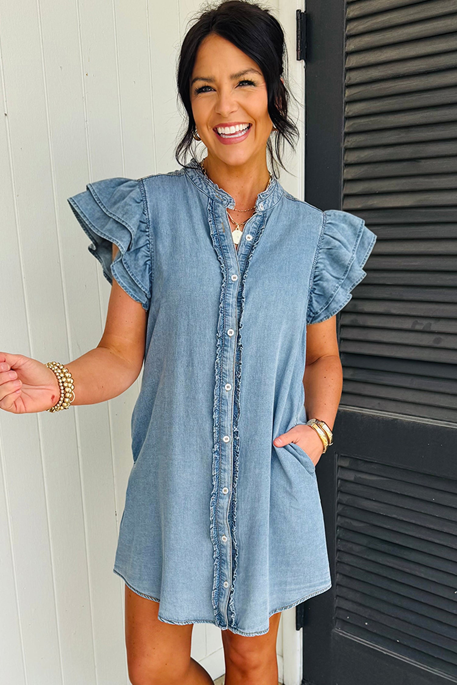 Frilled Detail Button Down Ruffle Short Sleeve Denim Mini Dress