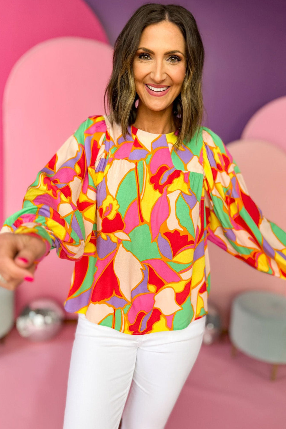 Yellow Abstract Print Puff Sleeve Blouse eAura