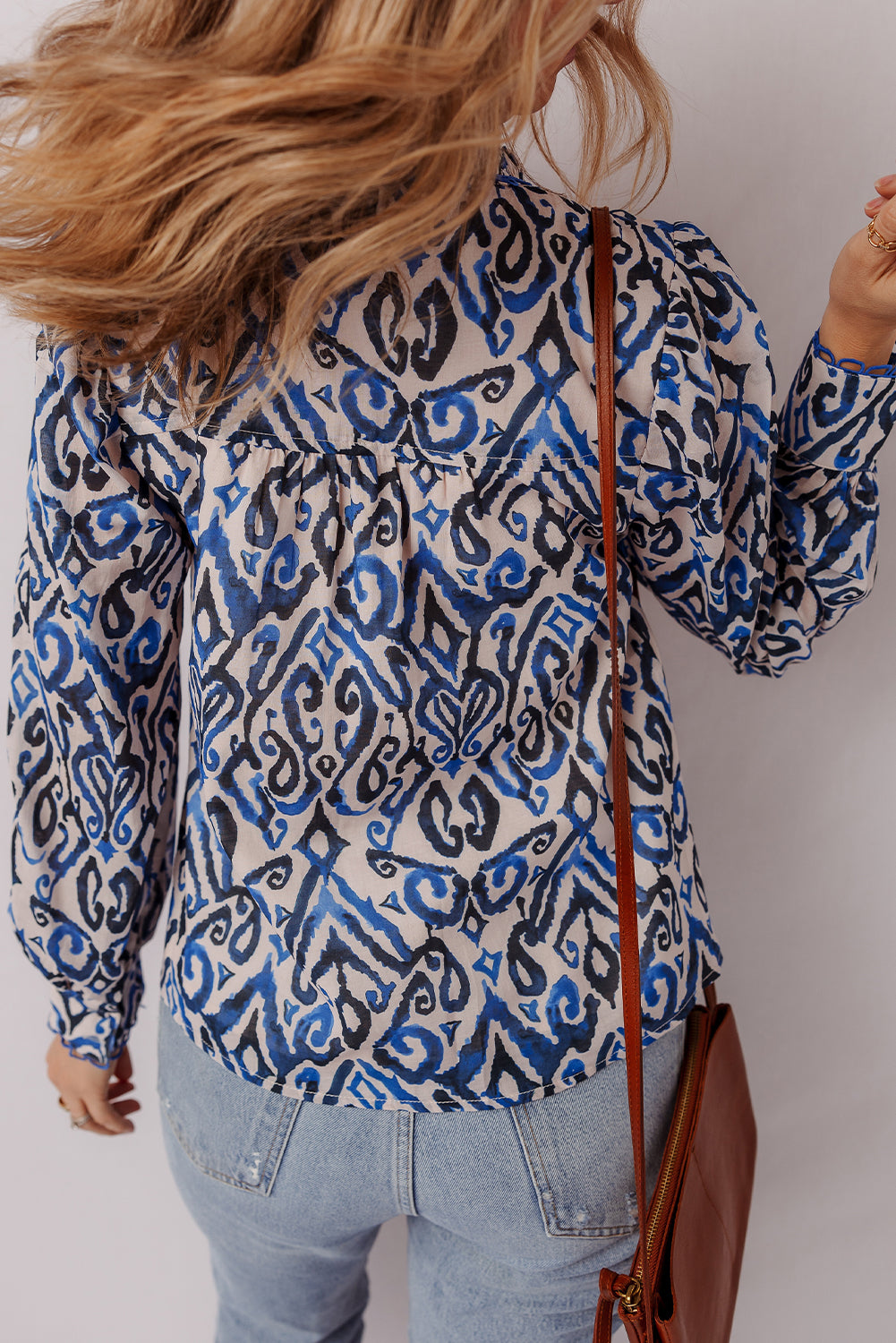 Blue Bohemian Print Embroidered V-Neck Long Sleeve Blouse - eAura