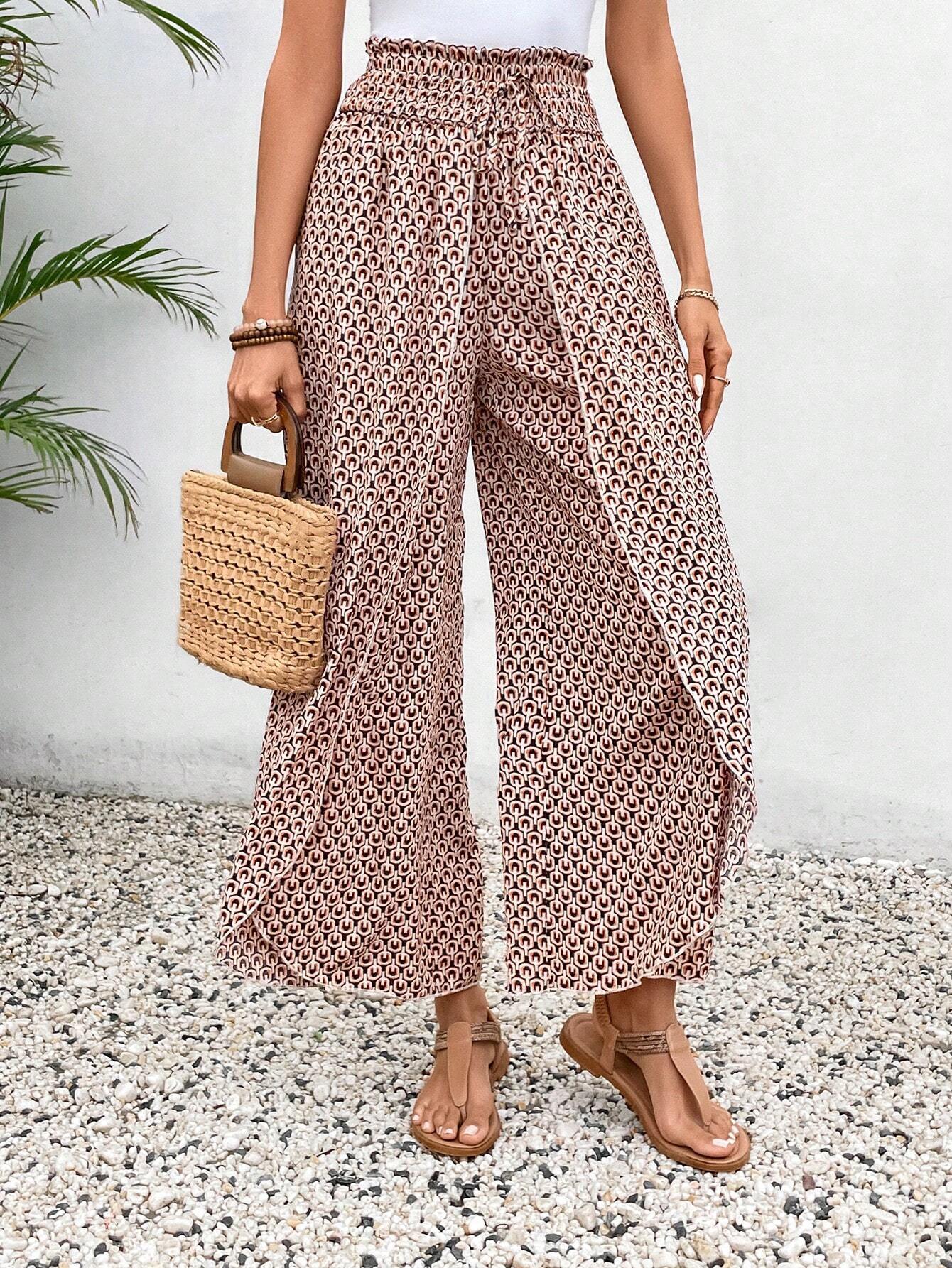 Black Bohemian Print Slit Wide Leg Smocked High Waist Trousers eAura
