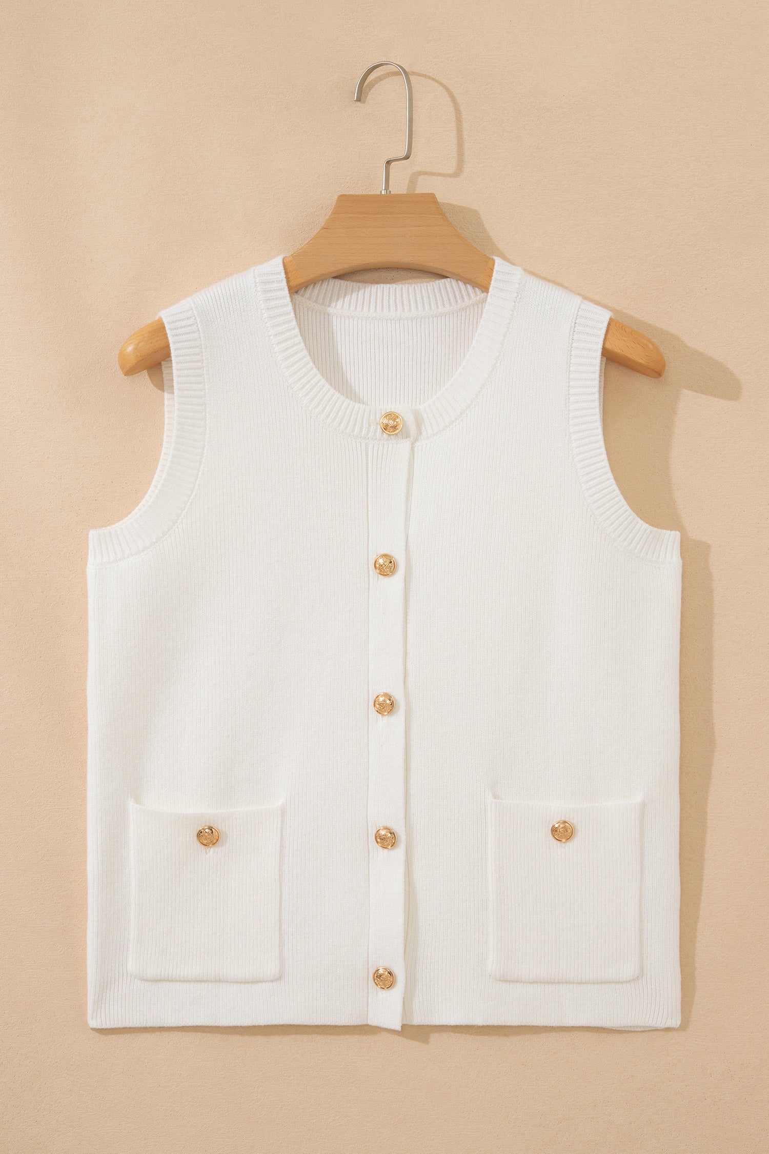 White Sleeveless Knit Button Pocketed Sweater