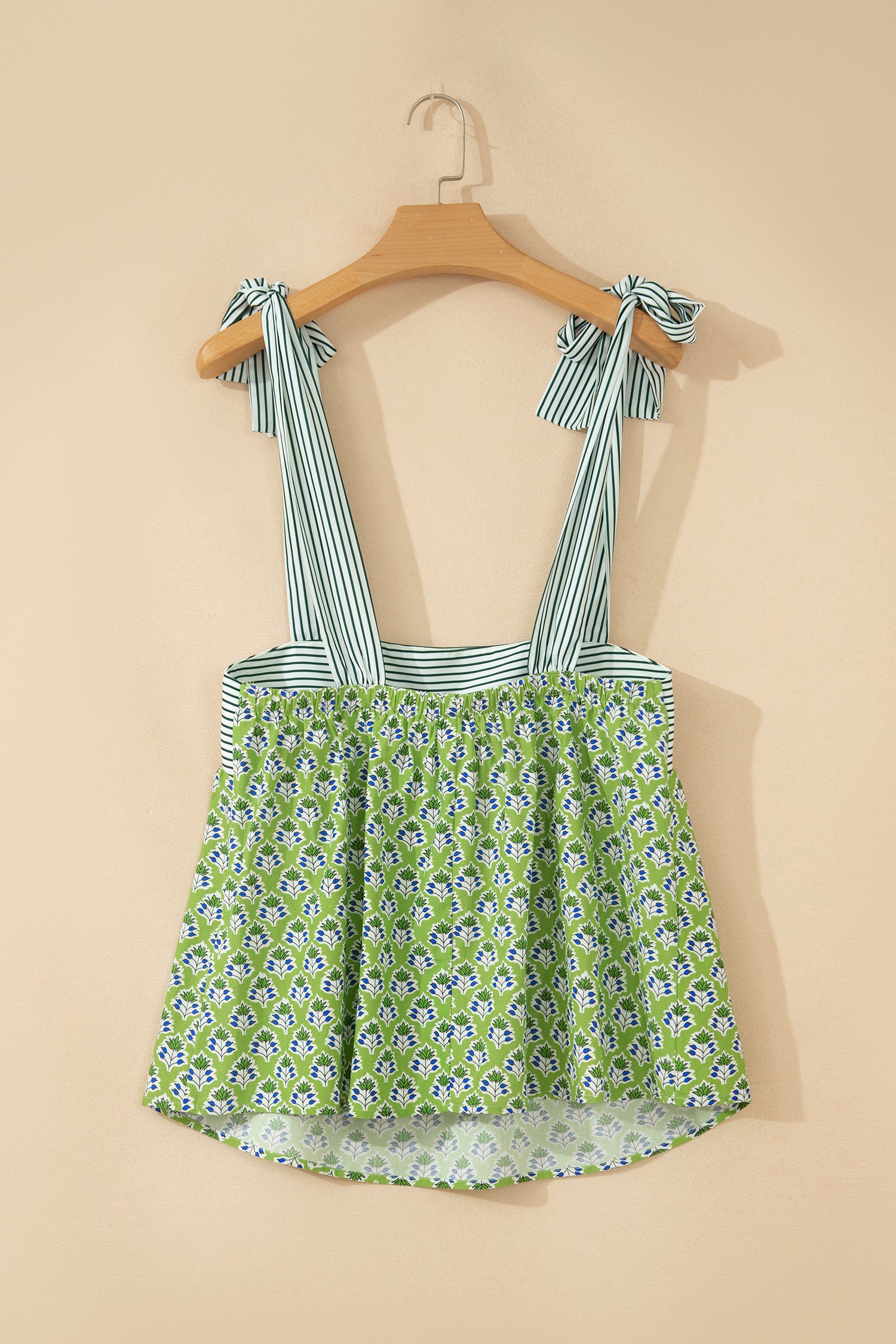 Floral Printed Knot Straps Babydoll Tank Top – Green