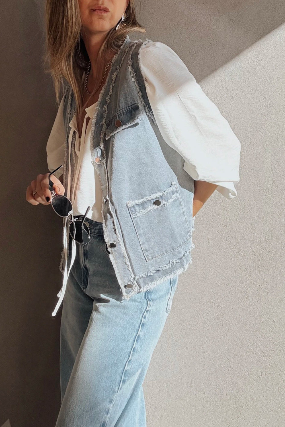 Frayed Edge Flap Pockets Denim Vest Jacket - eAura