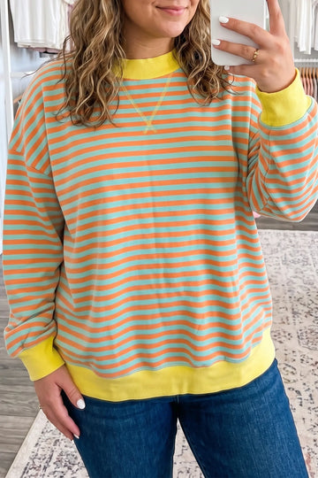 High Neck Striped Colourblock Tunic Plus Size Sweatshirt – Orange Stripe