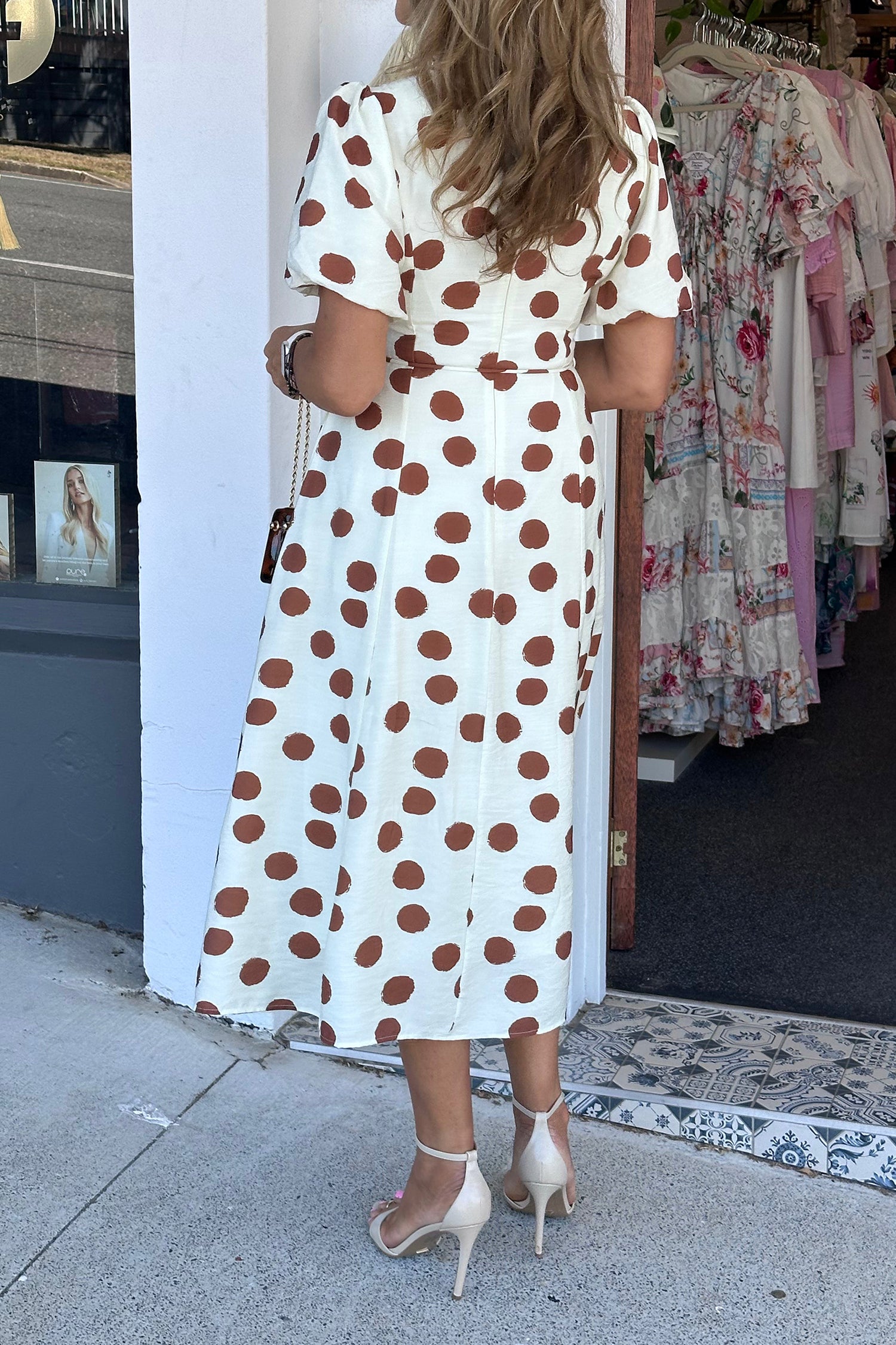 White Polka Dot Printed V-Neck Short Sleeve Tie Waist Midi Dress