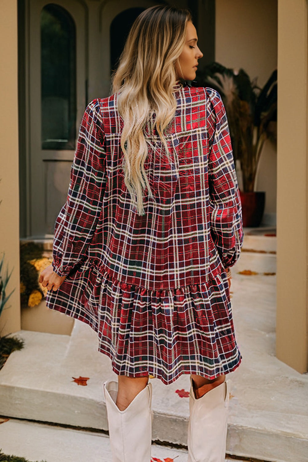 Plaid Print Frilly Collar Long Sleeve Shift Mini Dress - eAura