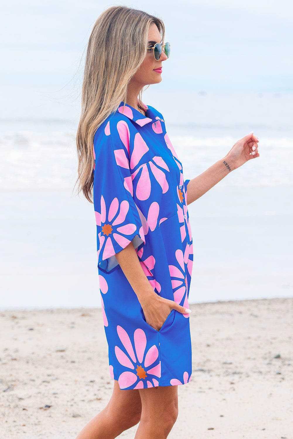Blue Summer Flower Print Shirt Collar Button Front Loose Romper Dear-Lover Dropshipping