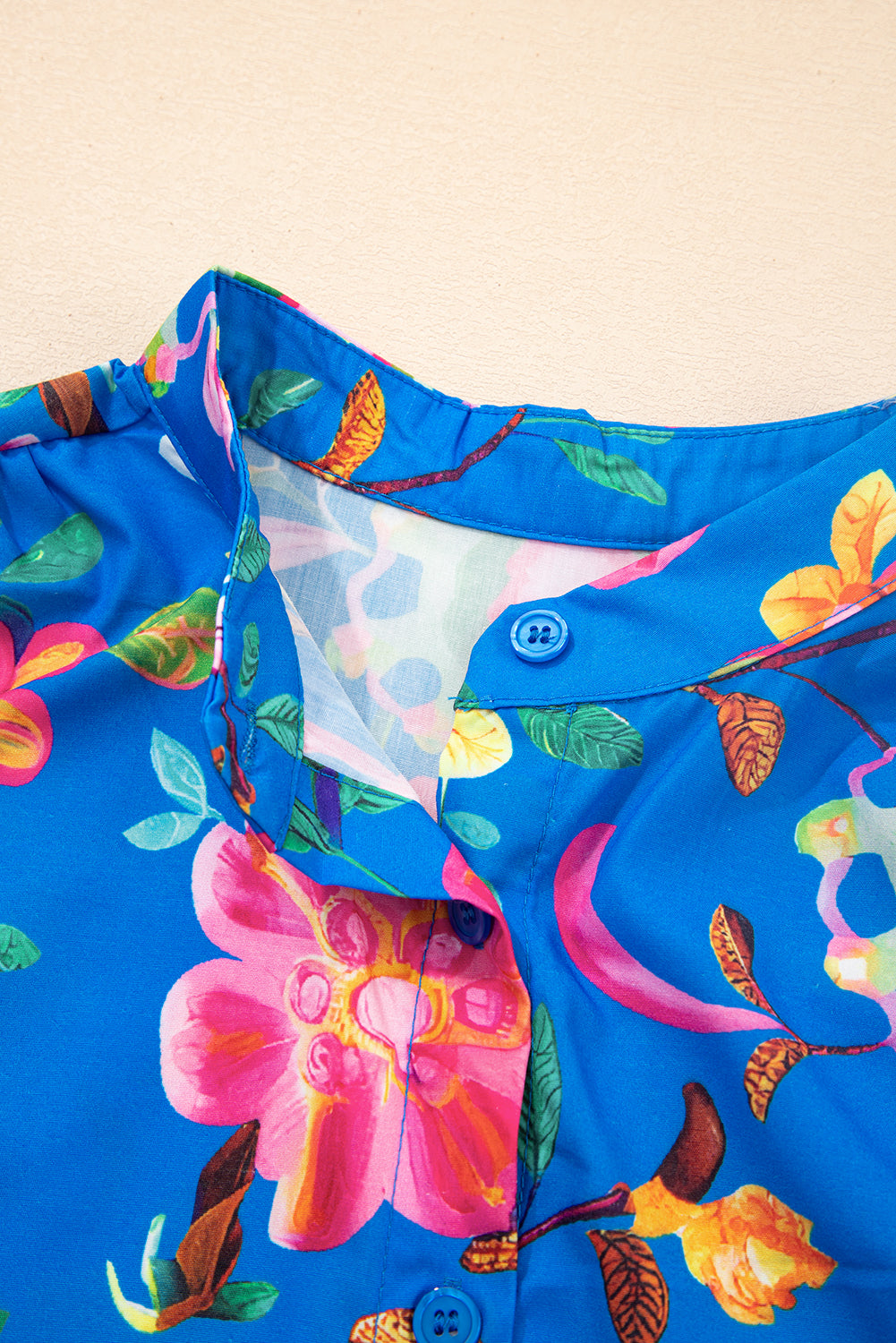Floral Puff Sleeve Button-Up Shirt – Blue