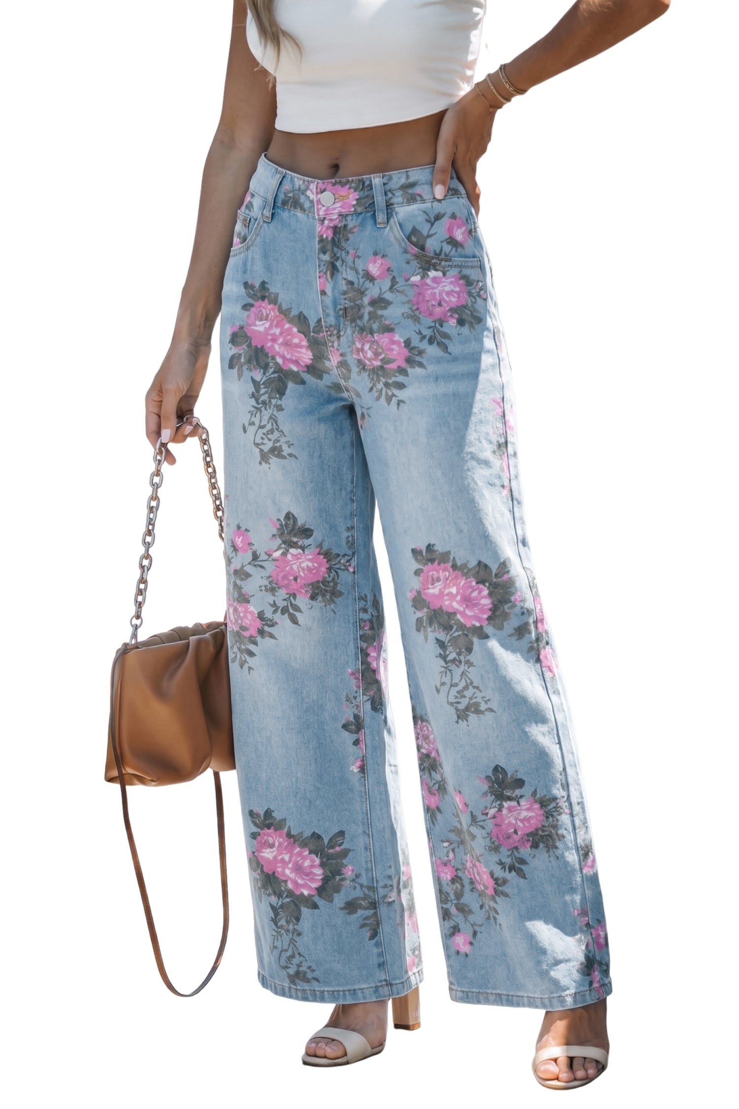 Floral Print Bootcut Jeans – Sky Blue Denim