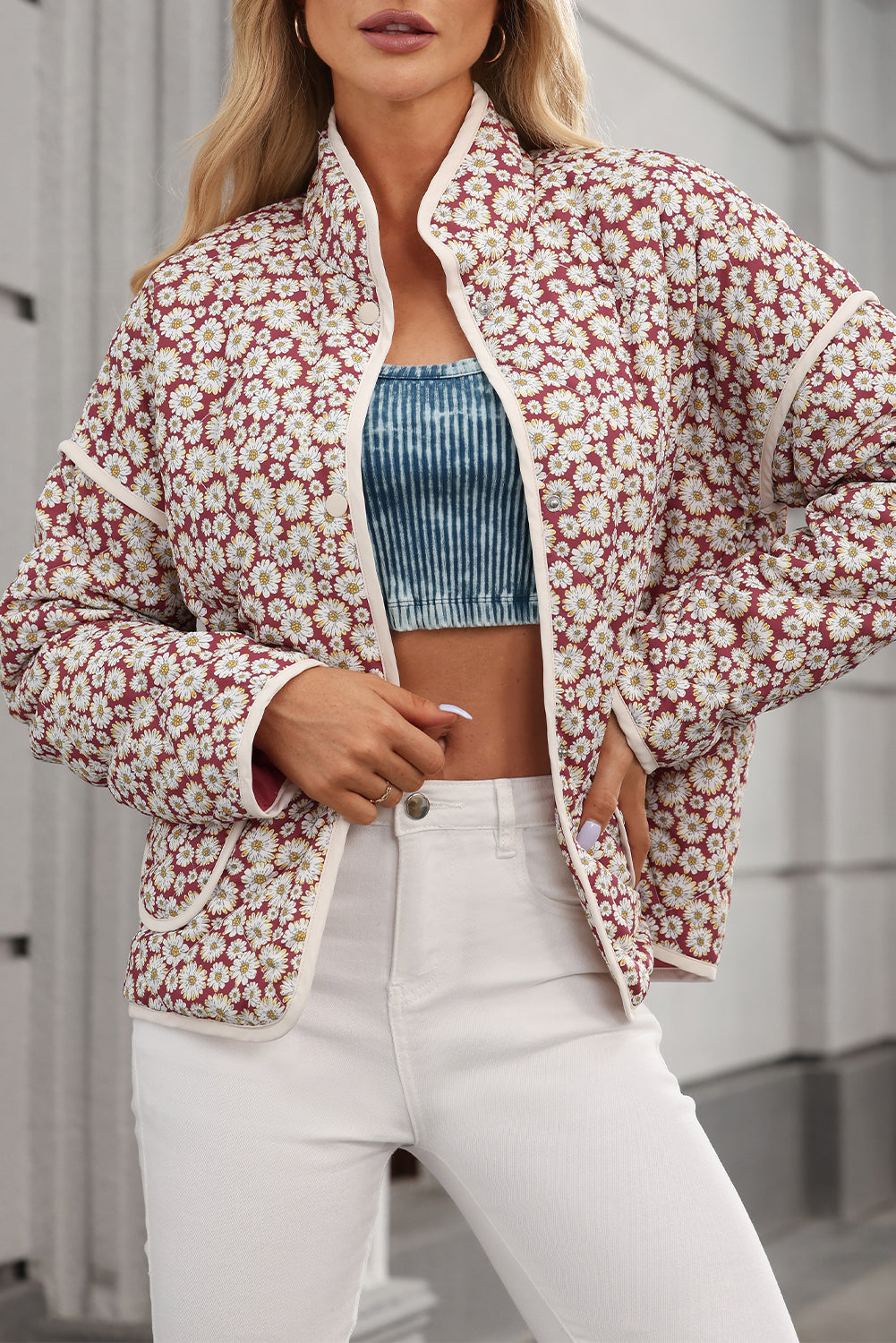 Pink Floral Print Contrast Edge Stand Neck Coat eAura