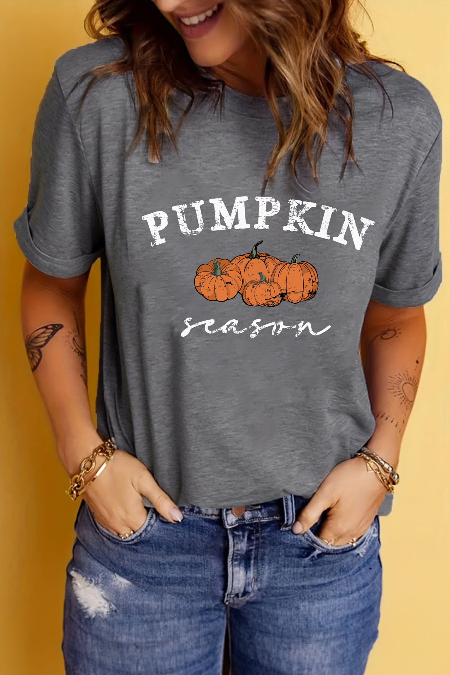 Pumpkin Season Graphic Round Neck Short Sleeve T-Shirt – Gray
