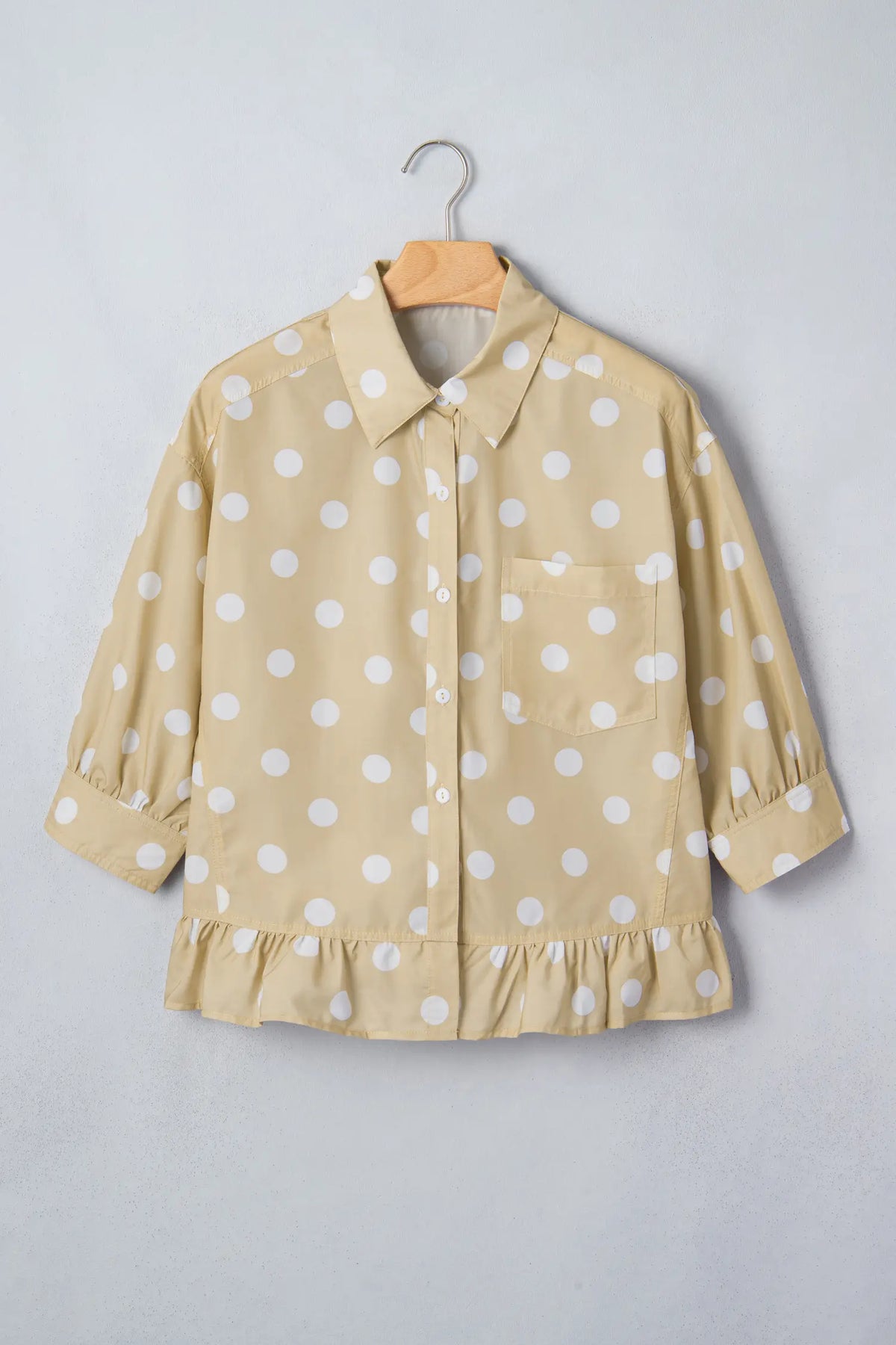 Polka Dot Print Three Quarter Sleeve Ruffle Hem Casual Shirt – Khaki
