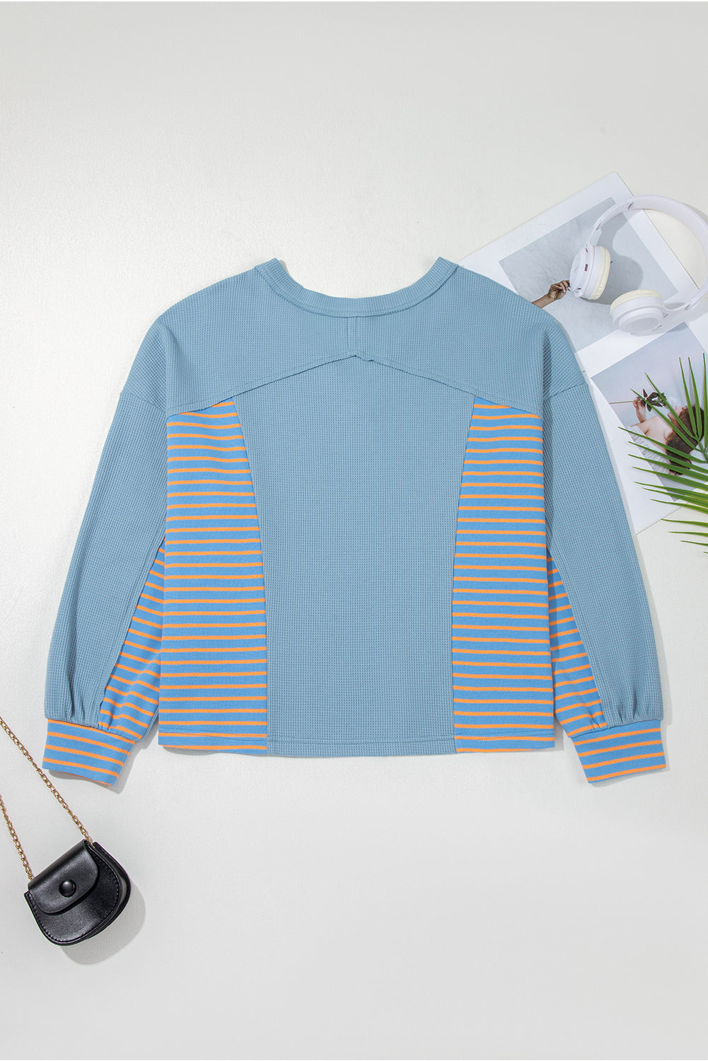Exposed Seam Waffle Striped Patchwork Baggy Pullover - eAura
