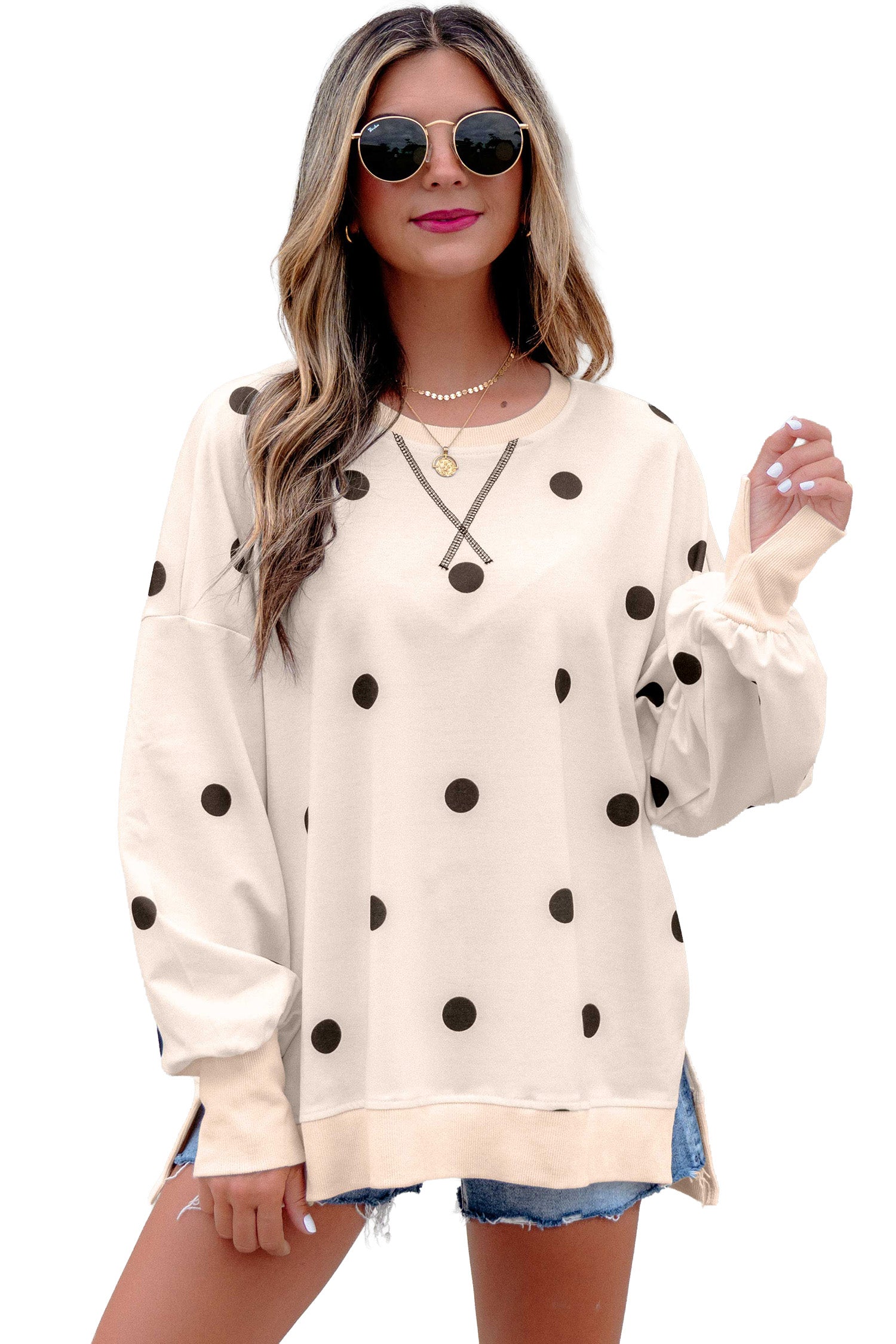 Loose-fit Long Sleeve Round Neck Polka Dot Tunic Sweatshirt – Beige