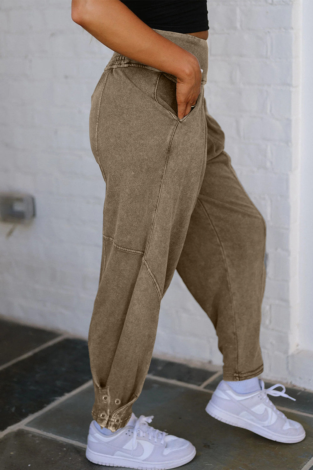 Mineral Wash Jogger Style High Waist Casual Pants - eAura